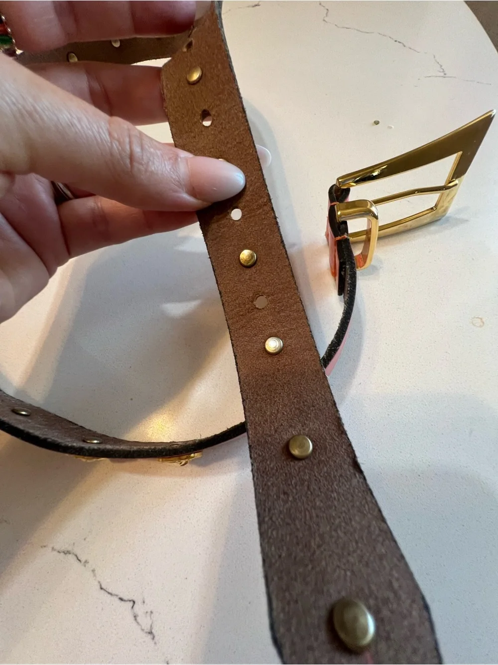 The Limited Belt Gold Lion Medallion Coral Leather Studded Belt Small S preloved